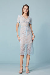 Fashion Blue V-neck Short Sleeves Sheath Lace Dresses